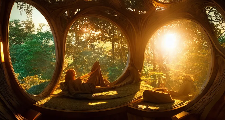 Image similar to An incredibly beautiful scene from a 2022 sci-fi film featuring a cozy art nouveau reading nook in a fantasy treehouse. Golden Hour. 8K UHD.