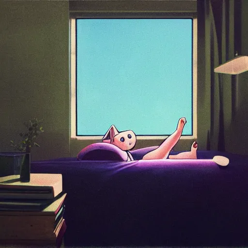 Prompt: a little girl with headphones lying on the bed, in her bedroom, 1 9 8 0, retrofuturism, clean, window, cat, bookshelf, vase, desk, at night, dramatic lighting, by yoshitomo nara, detailed by simon stalenhag