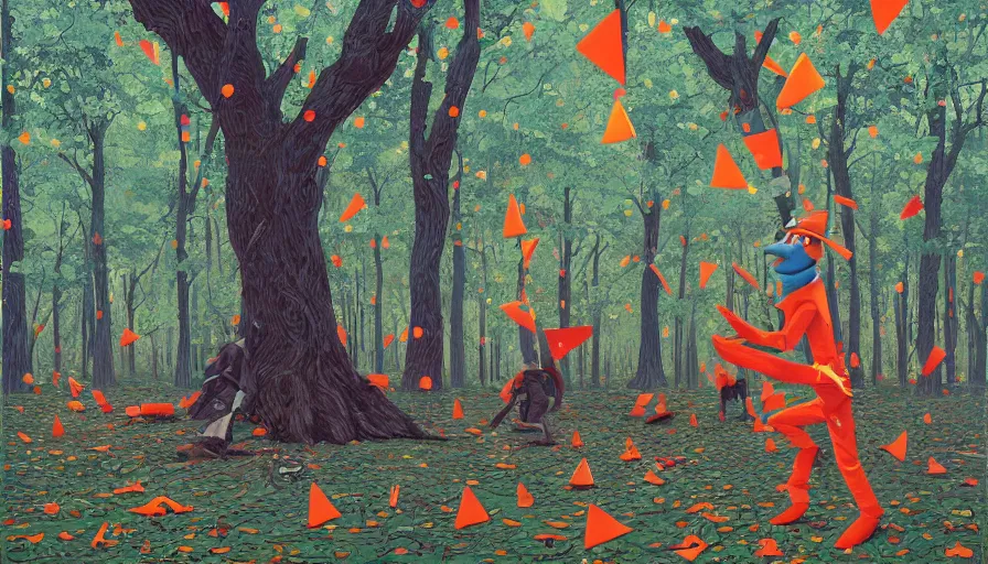 Prompt: safety cones scattered around an oak tree forest, man in muppet sasquatch sri lankan mask costume dancing in the distance, by james jean by ilya kuvshinov kintsugi, hyper detailed surrealist painting