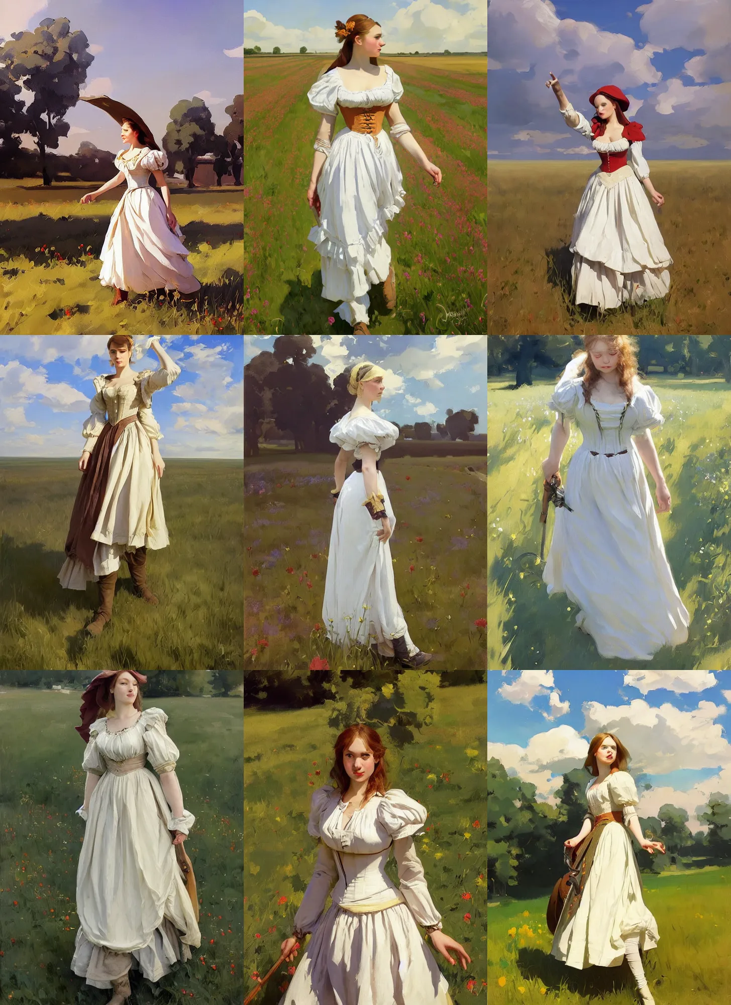 Prompt: attractive belarusian ukrainian polish village maiden wearing 1 7 th century bodice walking in the field in a sunny day, jodhpurs greg manchess painting by sargent and leyendecker, studio ghibli, fantasy, medium shot, asymmetrical, intricate, elegant, matte painting, illustration, hearthstone, by greg rutkowski, by greg tocchini, by james gilleard