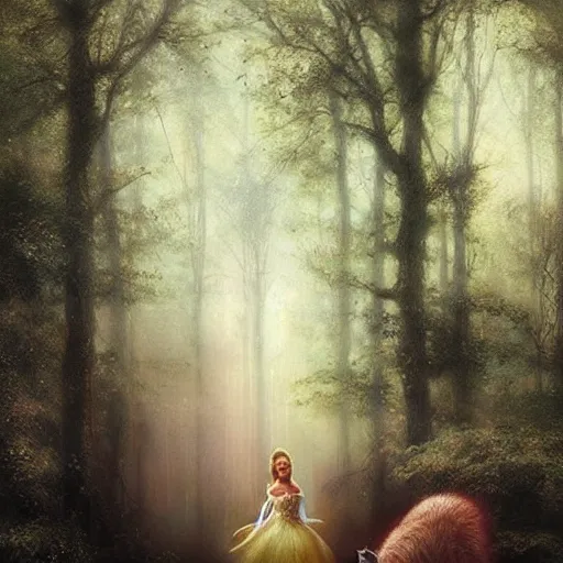 Image similar to A beautiful street art of Princess Aurora singing in the woods while surrounded by animals. She looks so peaceful and content in the company of the animals, and the colors are simply gorgeous. flash photography by Brian Mashburn, by Arnold Böcklin