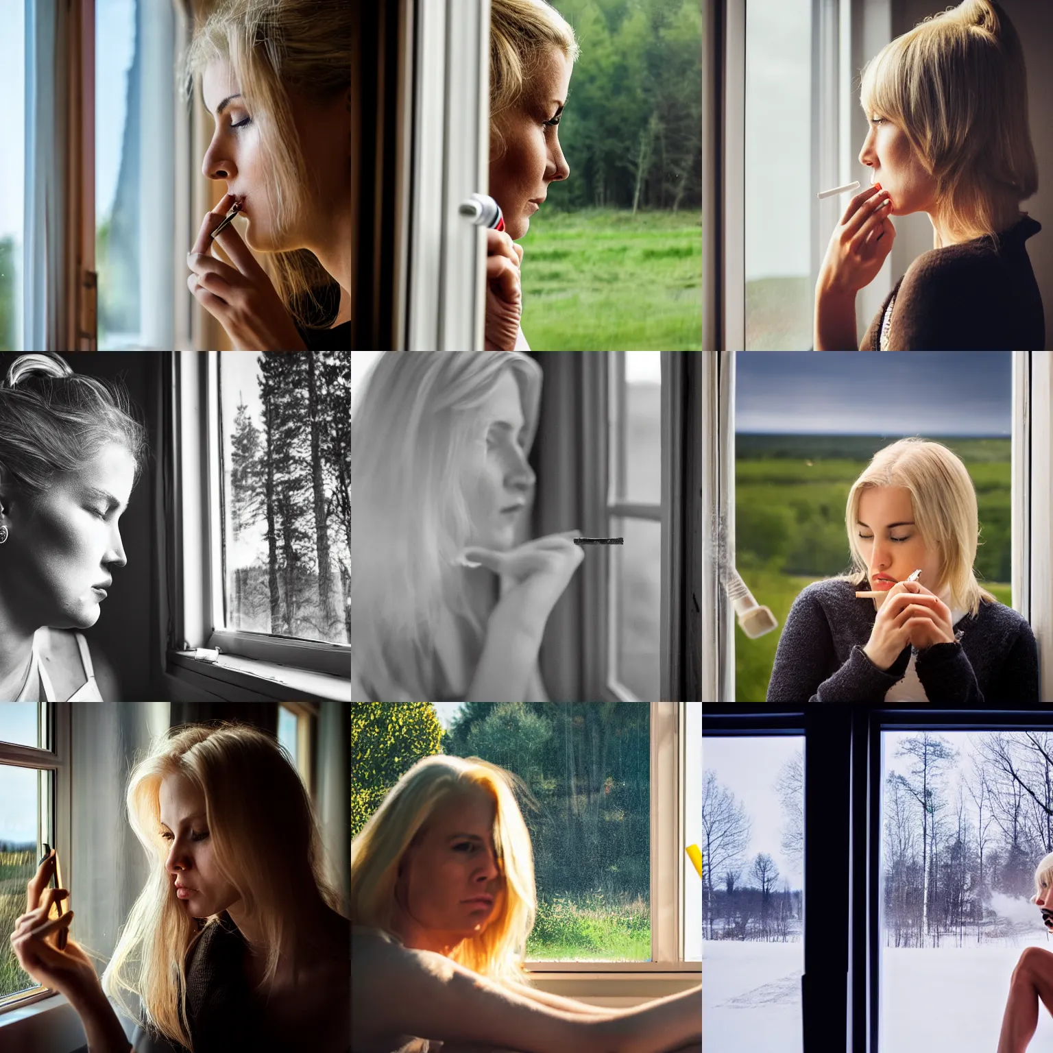 Prompt: blonde woman smoking a cigarette while looking out through the window, swedish countryside, seaview, morning, calm