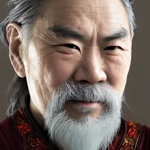 Image similar to portrait painting of a 6 0 year old kind handsome taoist priest, like chaowei liang, silver ponytail hair, amiable by wenjun lin, irakli nadar, bright colors, octopath traveler, wenjun lin, unreal engine 5 highly rendered, global illumination, radiant light, detailed and intricate environment