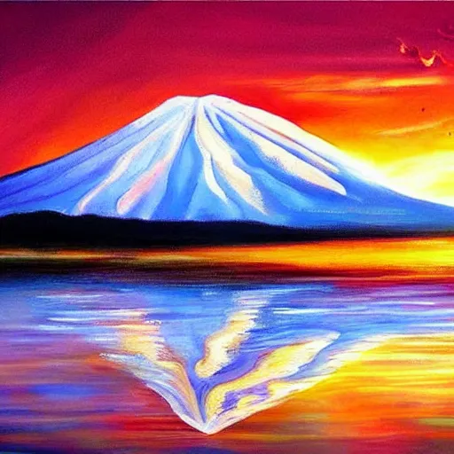 Image similar to beautiful painting of a landscape in sunset, volcano in the background