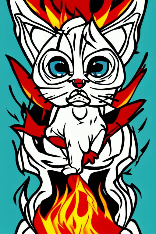 Image similar to Evil kitten, the devil, sticker, blood thirsty, spawn of Satan, burning in hell, blood, evil, colorful, illustration, highly detailed, simple, smooth and clean vector curves, no jagged lines, vector art, smooth