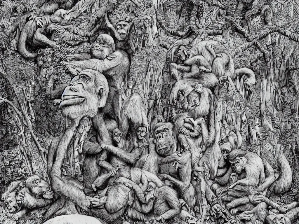 Image similar to bored ape club monkeies by Chor Boogie, intricate details, ultra detailed, 4K, award-winning, touch of M. C. Escher and Salvador Dali