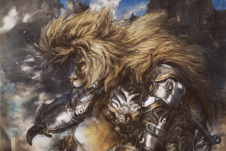 Image similar to 8k Yoshitaka Amano painting of upper body of a young cool looking lion beast-man at a medieval market at windy day. White mane, Depth of field. He is wearing complex fantasy armors. He has huge paws. Renaissance style lighting.