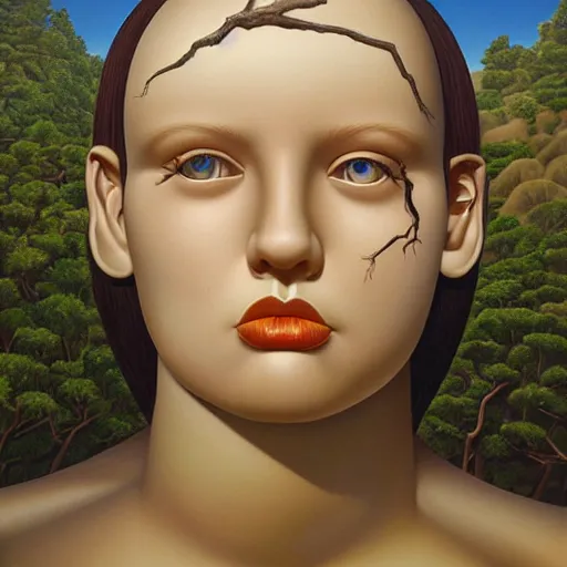 Image similar to hyperrealstic surrealism landscape, giant mannequin head ruins by alex gross