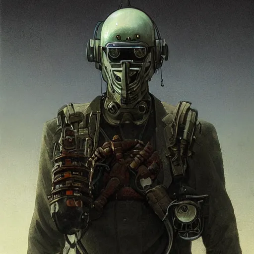 Image similar to a dreary realism portrait of masked diesel punk helmet on the art deco streets of the big city, artstation, award - winning realistic sci - fi concept art by jim burns and greg rutkowski, beksinski, a realism masterpiece, muted color palette, james gilleard, bruegel, alphonse mucha, and yoshitaka amano