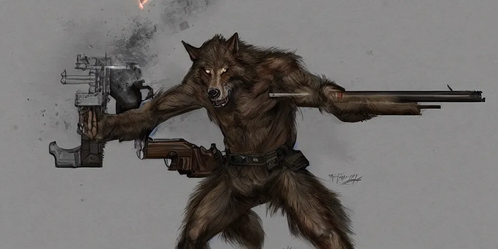 Image similar to Full body concept art of A High fantasy WW1 werewolf firing a enchanted heavy shotgun trending on artstation deviantart Pinterest detailed High Resolution HD 8k