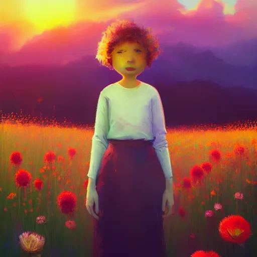 Prompt: girl with a flower face, surreal, bizzare, dreamlike, standing in flower field, in a valley, sunrise dramatic light, impressionist painting, colorful clouds, artstation, simon stalenhag