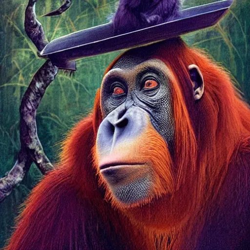 Image similar to Orangutan as a grumpy Libarian in Hogwarts, School of Witchcraft and Wizardry, detailed, hyperrealistic, colorful, cinematic lighting, digital art, illustration from a Harry Potter book by Paul Kidby and Jim Kay