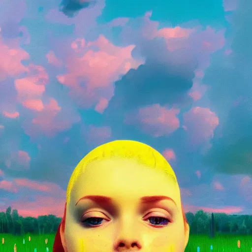 Image similar to girl with singular giant tulip as a head, surreal photography, flower field, sunset dramatic light, impressionist painting, colorful clouds, blue sky, digital painting, artstation, simon stalenhag