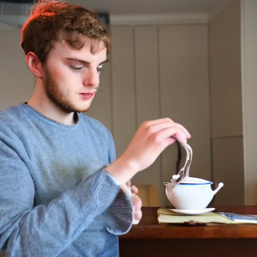 Prompt: a young british man struggling to make a cup of tea