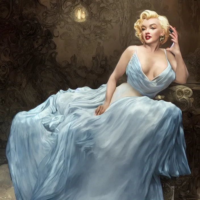 Prompt: Marilyn Monroe in a vaporous wrapped large victorian cream roses silk semi-transparent blue and cream dress fashion is running D&D, fantasy, intricate, elegant, highly detailed, digital painting, artstation, concept art, matte, sharp focus, illustration, art by Artgerm and Greg Rutkowski and Alphonse Mucha, UHD