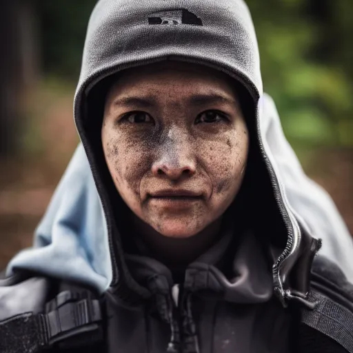 Image similar to photographic portrait of a poor techwear woman, closeup, sigma 85mm f/1.4, 4k, depth of field, high resolution, 4k, 8k, hd, full color