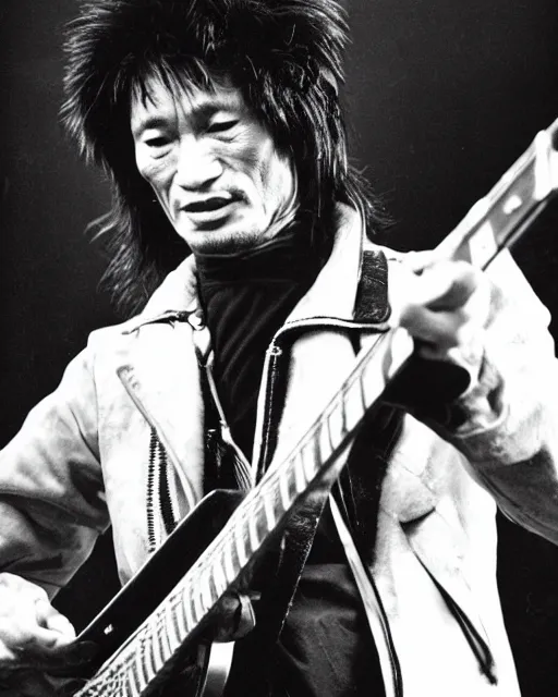 Image similar to sixty years old viktor tsoi with guitar in his hands, leather jacket, photo, microphone, rock concert, black and white, iso 6 0 0, 3 5 mm, kodak gold