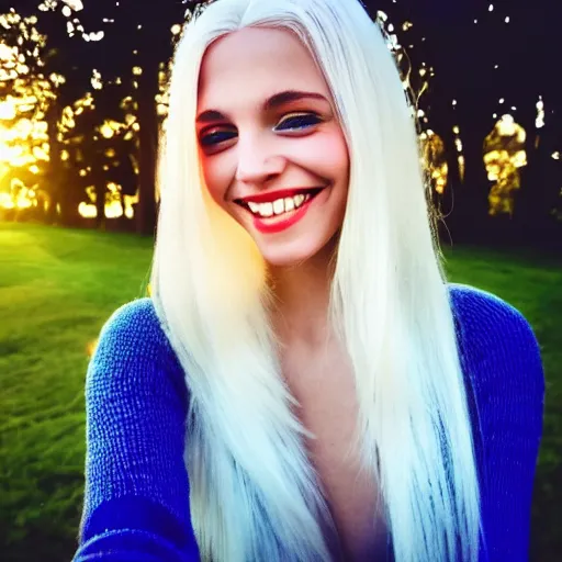 Image similar to beautiful selfie of a cute thin young woman smiling smugly, long light platinum blonde hair, flushed face, heart - shaped face, blue eyes, golden hour, 8 k, instagram