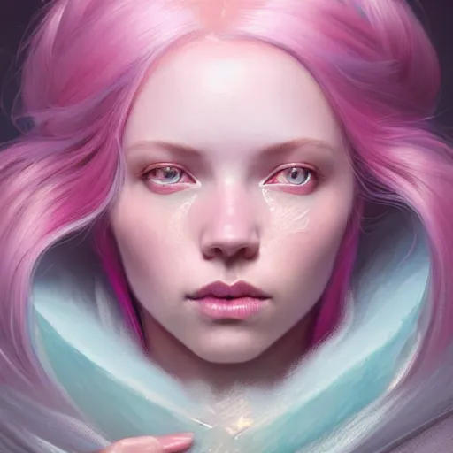 Image similar to pink haired mage medium portrait, female, glacier landscape, norway, d & d, fantasy, intricate, elegant, highly detailed, digital painting, pink and teal color palette, artstation, octane render, concept art, matte, sharp focus, illustration, herrarthstone, art by artgerm and greg rutkowski and alphonse mucha