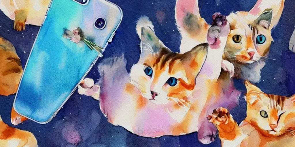 Image similar to watercolor illustration style, cute cats use mobile phone