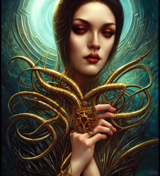 Prompt: eldritch goddess, trending on artstation, portrait, tarot card, digital art by artgerm and karol bak