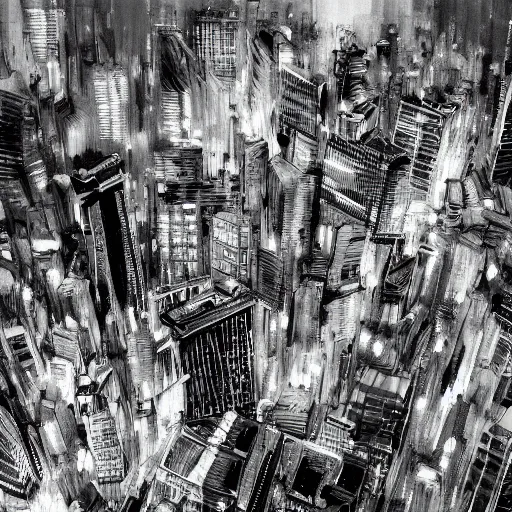 Image similar to tokyo city taken from drone by ashley wood and j. m. w. turner, speed painting, photo bash, cinematic angle, super detailing, monochrome