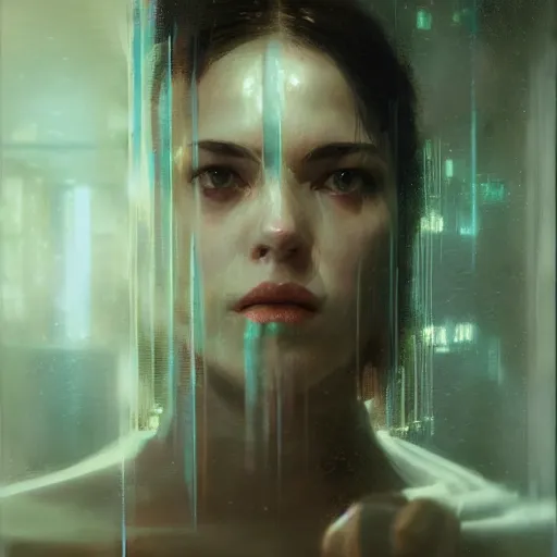 Prompt: detailed face of a woman, moment, cyberpunk cloisters, displays, tech noir, wet reflections, atmospheric, ambient, speed painting, livia prima, greg rutkowski, edward hopper