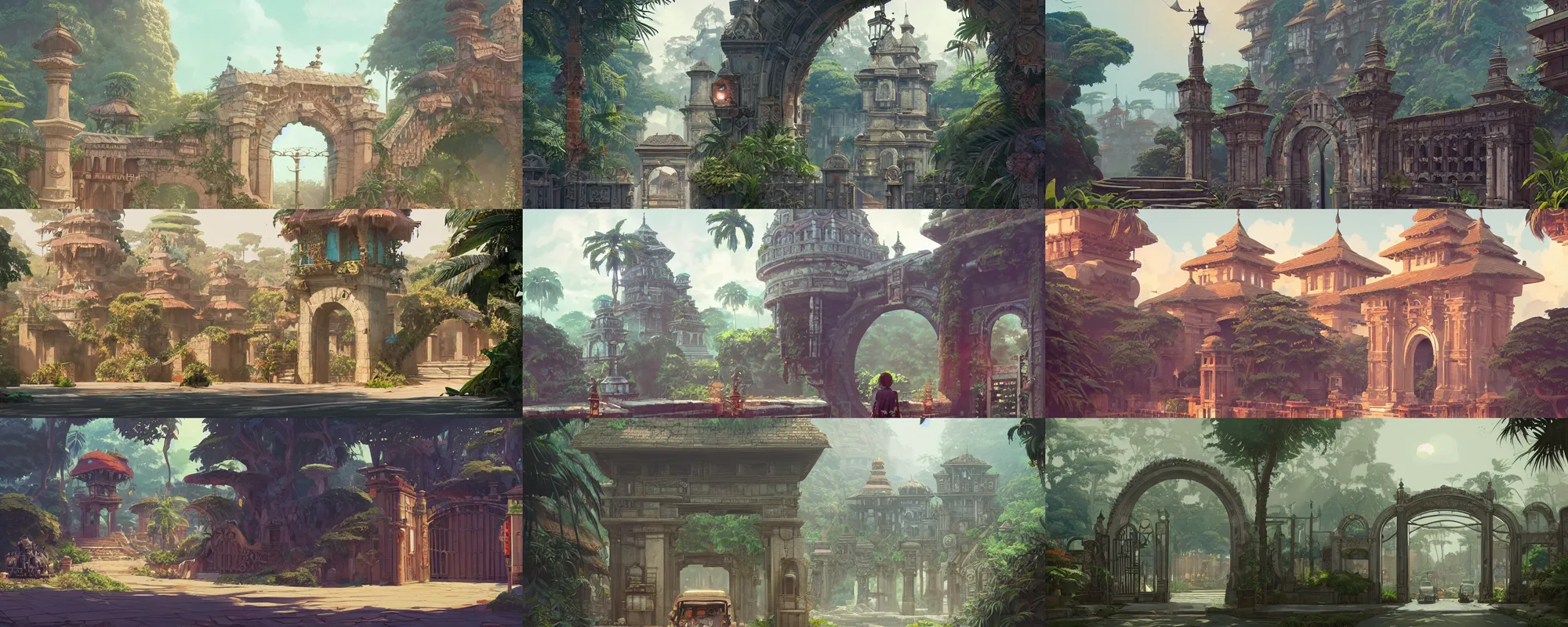 Prompt: a beautiful detailed architecture matte painting of ancient ornamental gate and infrastructure in the middle of tropical jungle cinematic landscape by studio ghibli, by greg tocchini, by james gilleard, by joe gb fenton, by kaethe butcher, dynamic lighting, vibrant, clean, grunge aesthetic, octane render, artstation