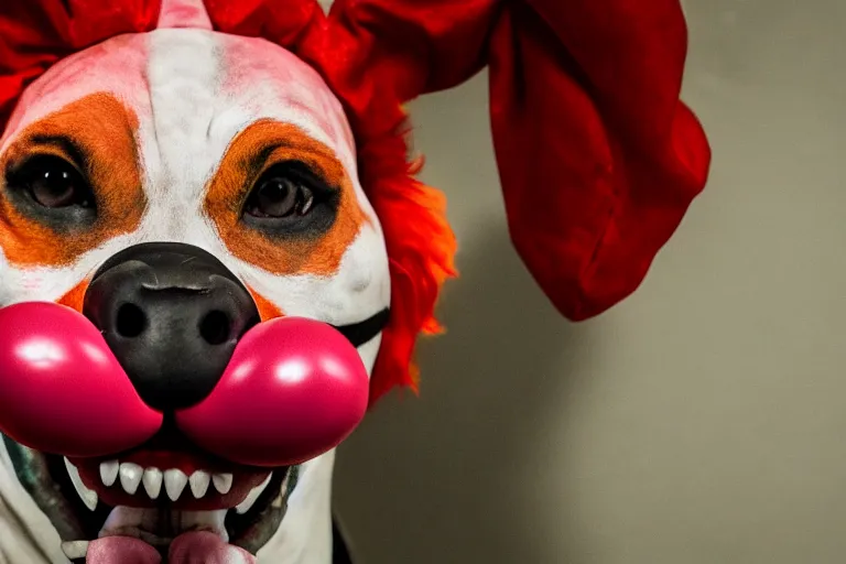 Prompt: a snarling pit bull wearing a clown mask and a red rubber nose, 4 k, hdr color