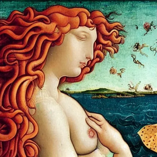 Prompt: birth of venus boticelli. emergeing from a sandwich. venus emerging from sandwich.