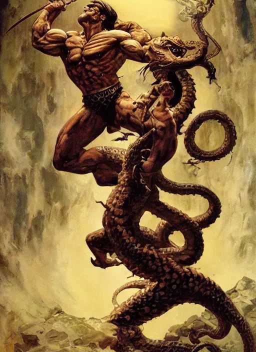 Prompt: a highly detailed symmetrical painting of conan fighting a mythical snake creature, dynamic lighting, ambient lighting, deviantart, art by frank frazetta and glenn fabry