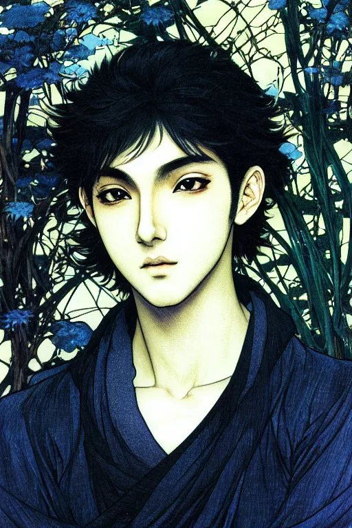 Image similar to beautiful medium shot manga portrait of young arabic man inspired by ayami kojima with short hair dressed with a white t - shirt, white background white bank studio light, art by yoshitaka amano, alfons mucha, hiroaki samura, jiro matsumoto and yusuke murata, sharp focus, high quality, 8 k