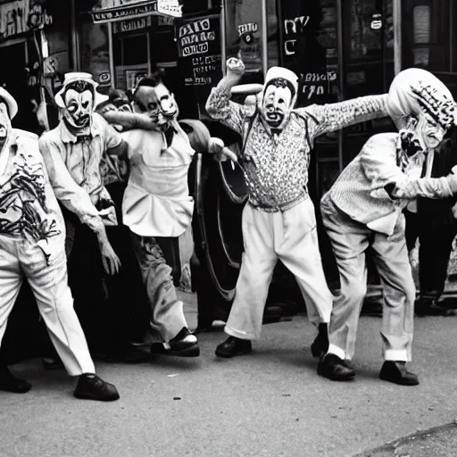 Image similar to gang of 1950s clowns protesting in the streets, shot on point and shoot camera