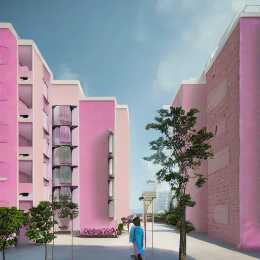 Prompt: Dali inspired apartment block in pink and teale pastel colours, hyperrealistic, octane render, architectural perfection, insane detail