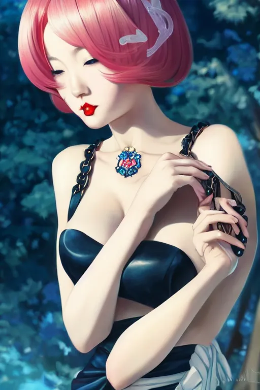 Image similar to a pin up and beautiful fashion dreamlke japan girl with lv jewelry, character art, art by artgerm and wlop and and ilya kuvshinov, hyperdetailed, 8 k realistic, symmetrical, frostbite 3 engine, cryengine, dof, trending on artstation, digital art, chanel, dior, fantasy background