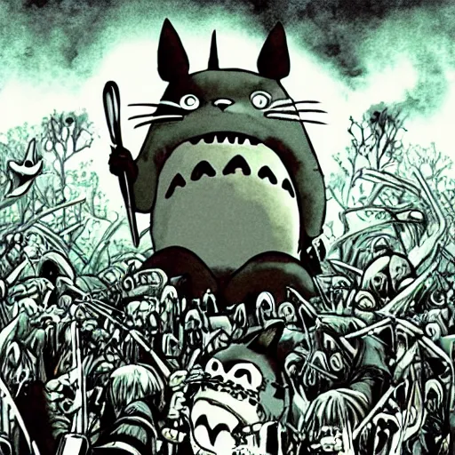 Prompt: totoro in a black metal band in a concert, dressed like band metal marduk, mayhem, burzum, immortal, a crowd cheering, a drummer, electric guitar, sparkles all around, fantasy digital art, wow, stunning, ghibli style, hight quality