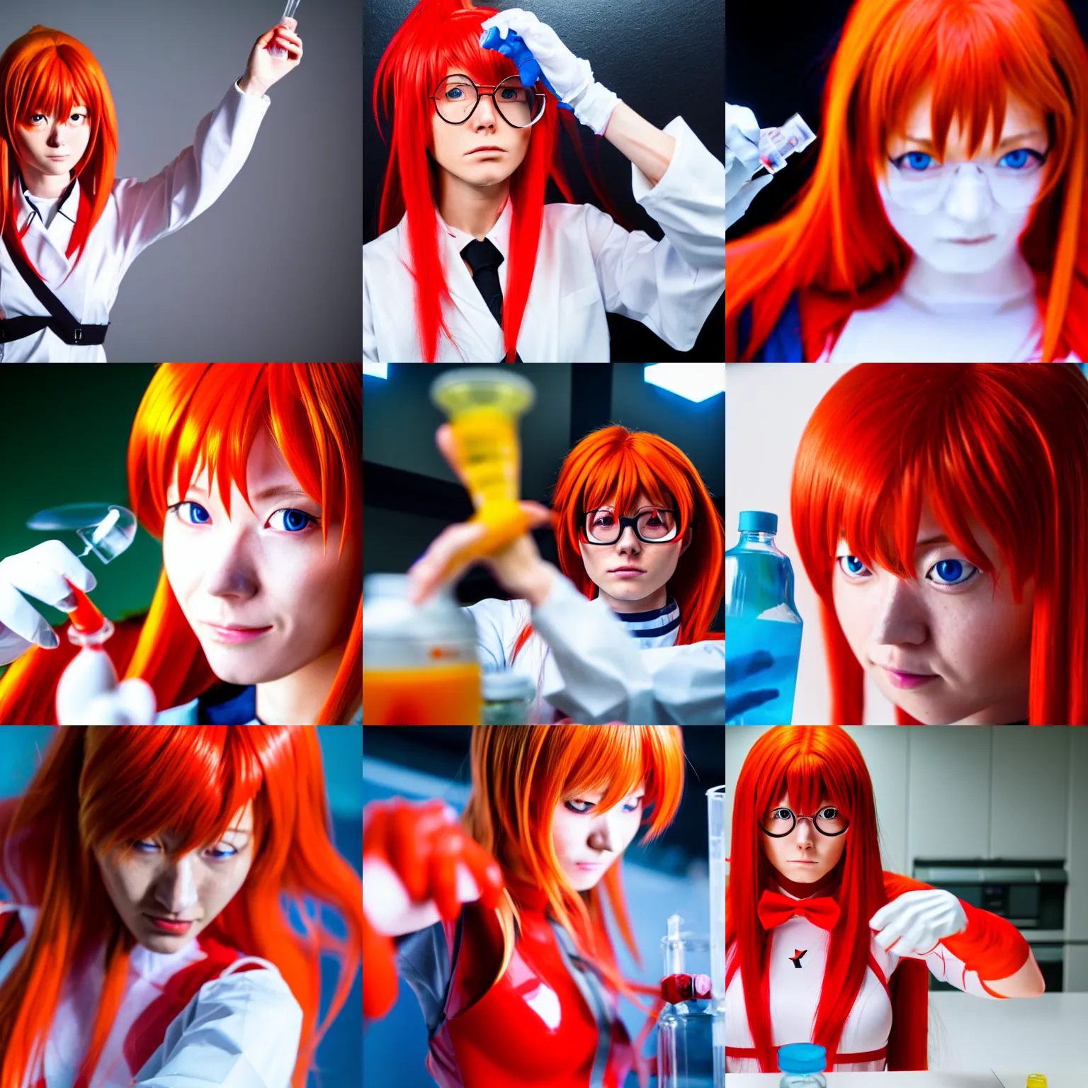 Prompt: asuka langley soryu from evangelion doing chemical experiment. cosplay photo, 4 k