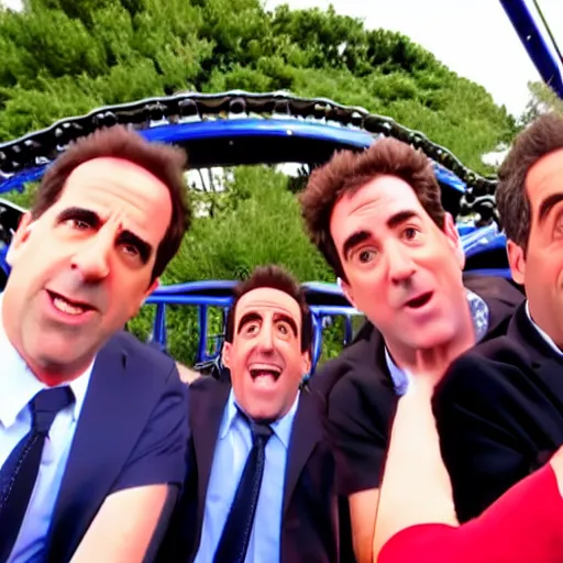 Prompt: ultra realistic detailed 4 k photo of michael scott, jerry seinfeld, ted mosby, phil dunphy, chandler bing, from a roller coaster action camera at an amusement park