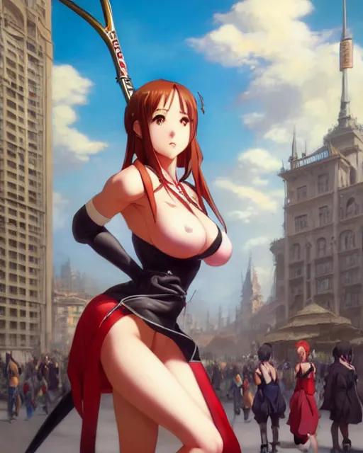 Image similar to pinup photo of asuna in the crowded square of the city, asuna by a - 1 pictures, by by greg rutkowski, artgerm, gil elvgren, enoch bolles, glossy skin, pearlescent, anime, very coherent, sao style