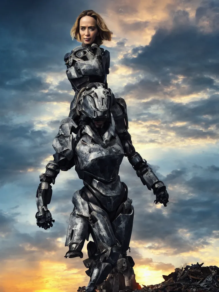 Image similar to emily blunt in futuristic power armor, standing atop a pile of rubble, sunset and big clouds behind her