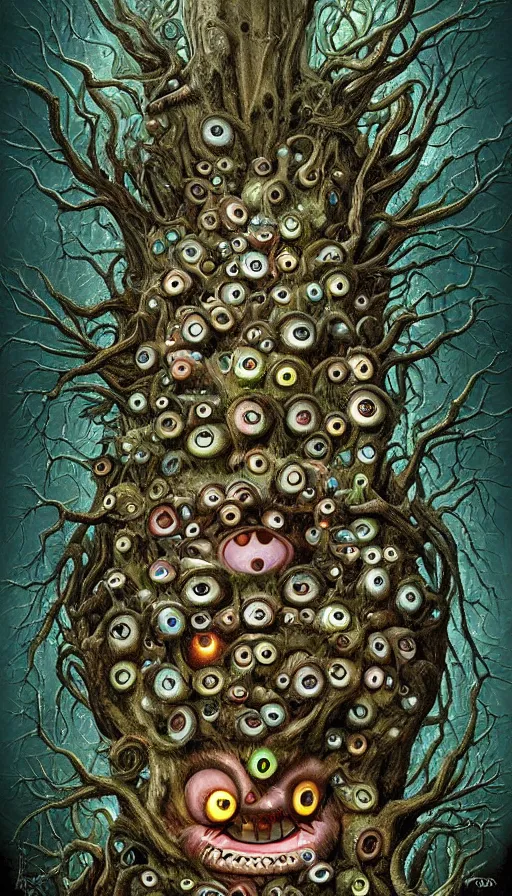 Image similar to a storm vortex made of many demonic eyes and teeth over a forest, by naoto hattori