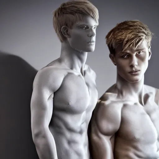 Image similar to a realistic detailed photo of a guy who is an attractive humanoid who is half robot and half humanoid, who is a male android, soccer player martin ødegaard, shiny skin, posing like a statue, blank stare, in a living room, on display, showing off his muscles, with a twin