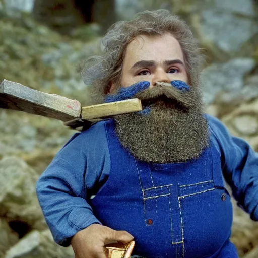 Image similar to a pudgy dwarf wearing blue overalls with full beard and a pocketful of gems holding a pickax, high resolution film still, HDR color, movie by Wolfgang Petersen and Peter Jackson