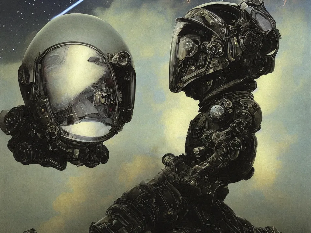 Image similar to a detailed portrait painting of a bounty hunter pilot in combat armour and visor. Smoke. cinematic sci-fi poster. Flight suit, accurate anatomy portrait symmetrical and science fiction theme with lightning, aurora lighting clouds and stars. Futurism by beksinski carl spitzweg moebius and tuomas korpi. baroque elements. baroque element. intricate artwork by caravaggio. Oil painting. Trending on artstation. 8k