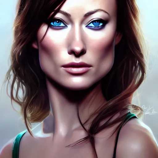 Image similar to Olivia Wilde, beautiful eyes, fantasy, beautiful face, vivid colors, elegant, concept art, sharp focus, digital art, Hyper-realistic, 4K, Unreal Engine, Highly Detailed, HD, Dramatic Lighting by Brom, trending on Artstation