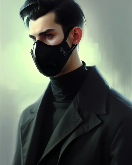 Image similar to a ultradetailed beautiful panting of a european young man wearing black medical mask and black long coat, by ilya kuvshinov, greg rutkowski and makoto shinkai, trending on artstation