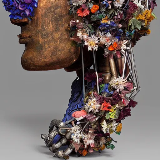 Image similar to a sculpture of a robot wearing a mask made of flowers, by annie swynnerton and diego rivera, symbolist, dramatic lighting, elaborate geometric ornament, art brut, soft cool colors, smooth, sharp focus, extremely detailed, adolf wolfli