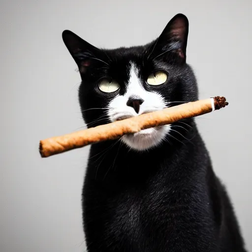 Image similar to black cat smoking cigar and wearing suit. award winning photo. high quality high fidelity. 4 k. unsplash.