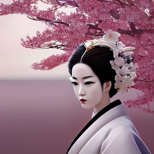 Image similar to extremely beautiful geisha gazing into camera lens, hyper realistic 3 d digital art, cherry blossom pedals floating around, trending on artstation