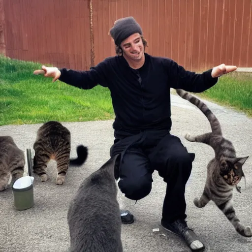 Image similar to photo of a man juggling cats